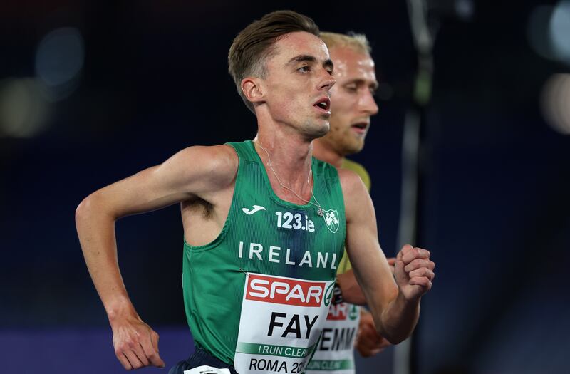 Brian Fay in the men's 5,000m final. Photograph: Morgan Treacy
