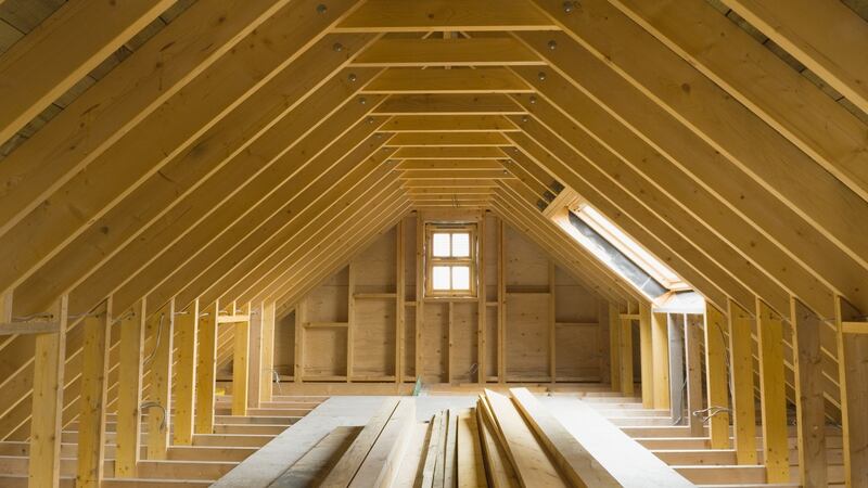 Attic space in newly-built house, ready for conversion. Wiring has been done