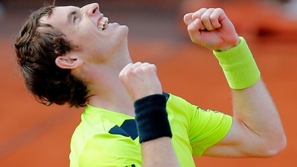 Andy Murray reacts after defeating Spain’s Fernando Verdasco in their fourth round match of the French Open at Roland Garros. Photograph: David Vincent/AP Photo