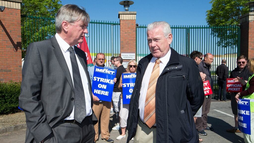 Tom Hoare from the union Impact with colleague Brendan Ryan and care staff at the Oberstown youth detention centre where a four-hour work stoppage was staged. Photograph: Conor Healy
