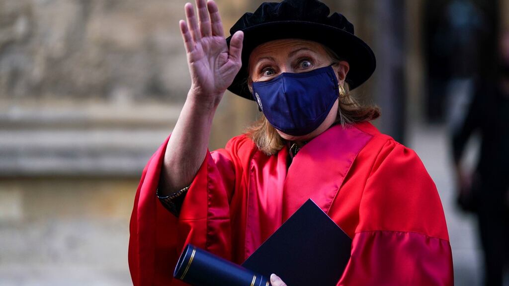 Former US secretary of state Hillary Clinton walks in a procession through the Bodleian Library quadrangle at Oxford University on Wednesday, after receiving an honorary degree at the annual Encaenia Honorary Degree Ceremony. Photograph: Steve Parsons/ PA Wire