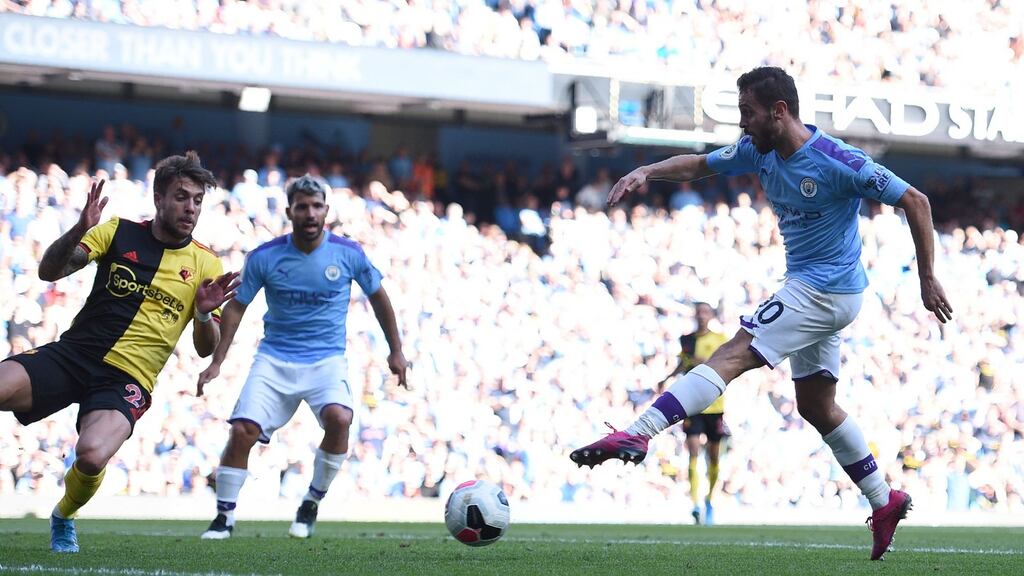 Manchester City midfielder Bernardo Silva completes his hat-trick in scoring his side’s seventh goal during the Premier League match against Watford at the Etihad stadium. Photograph: Oli Scarff/AFP/Getty Images