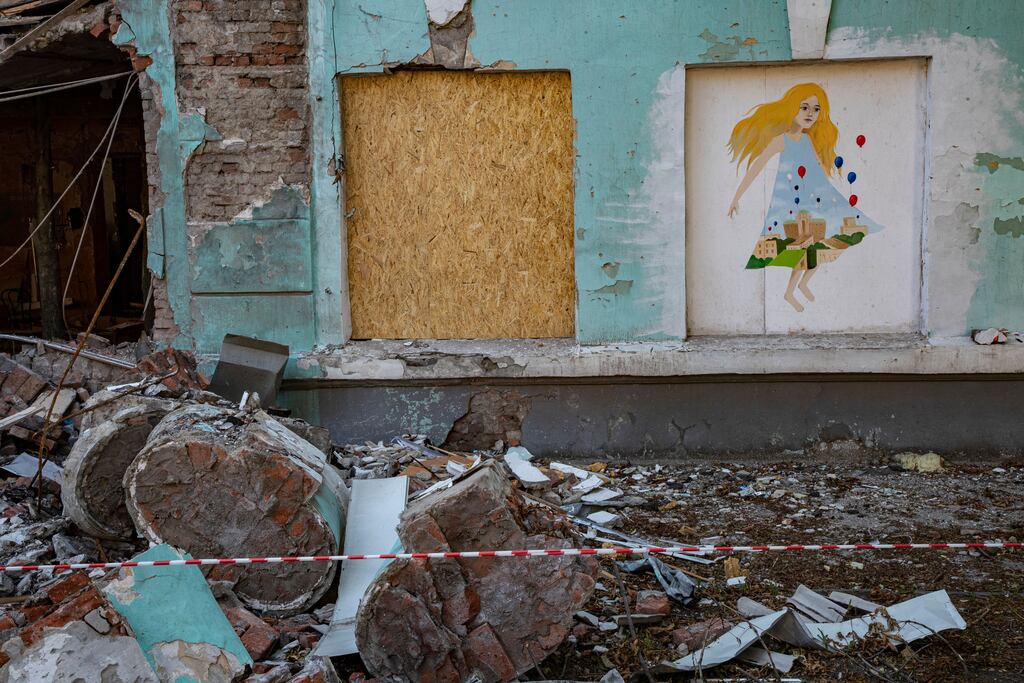 Debris at a school in Donetsk in Ukraine after recent shelling: The UN, the International Red Cross and Crescent Movement have called for urgent action on the issue of explosive weapons in heavily populated areas. Photograph: Sergei Ilnitsky/Shutterstock