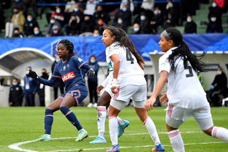 Aminata Diallo in action for PSG against Lyon. Photograph: Aurelien Meunier/PSG via Getty Images