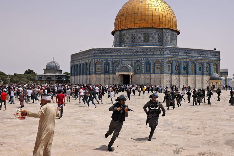The Israeli storming of Jerusalem's al-Aqsa mosque compound in May 2021. Photograph: Ahmad Gharabli / AFP via Getty Images