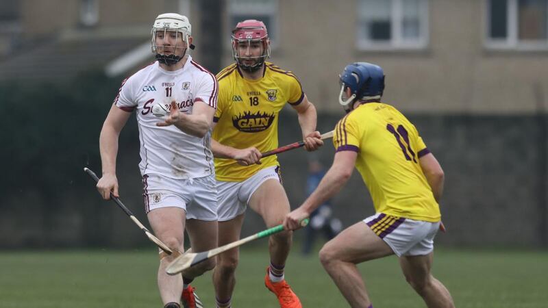 Galway’s Joe Canning and Paudie Foley of Wexford in action during the Bord na Mona Walsh Cup Final at Bellefield in Enniscorthy. Photograph: Lorraine O’Sullivan/Inpho