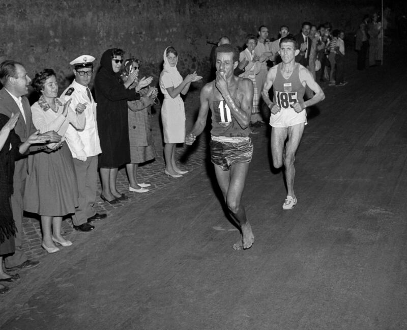 Ethiopian athlete Abebe Bikila runs barefoot for victory in the Rome 1960 Olympic Games marathon. Photograph: AFP/AFP/Getty Images