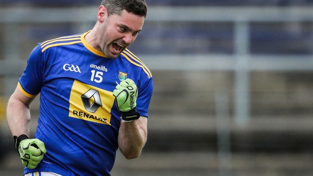 Seanie Furlong celebrates scoring a goal during Wicklow’s win over Antrim. Photograph: Inpho