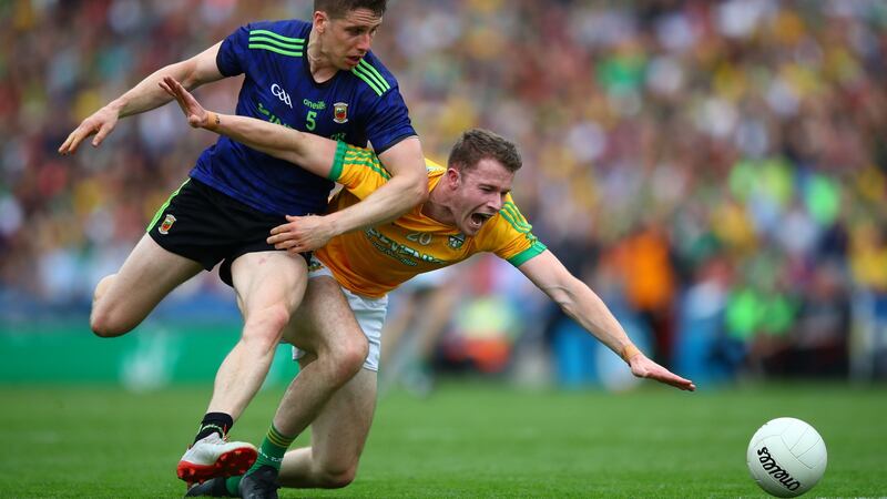 Lee Keegan in action against Meath’s Barry Dardis. Mayo need more from him. When you’re blessed to have a Rolls Royce player like that, he’s no good to you as just one of the gang. Photograph: James Crombie/Inpho