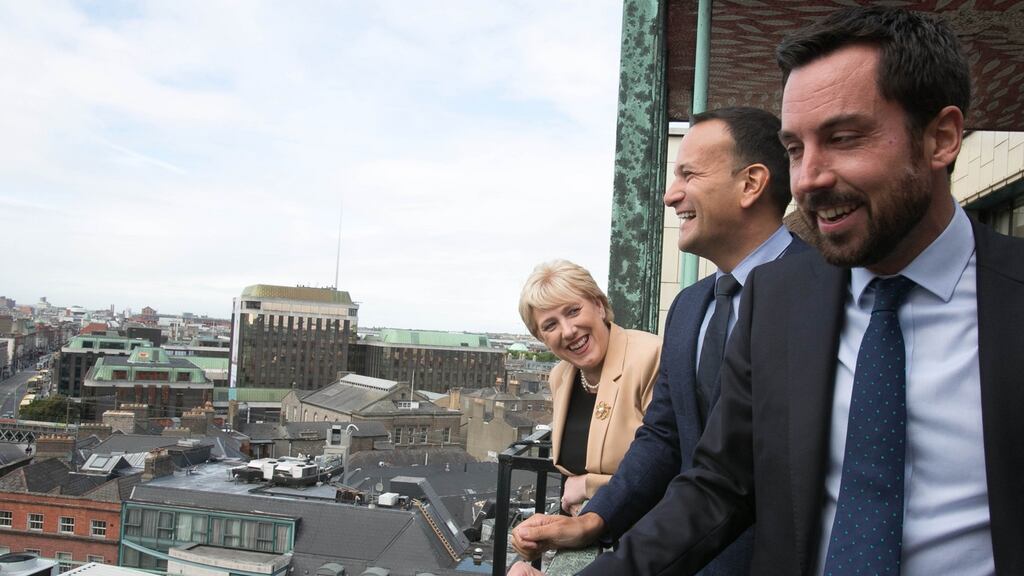 Minister for Business Heather Humphreys, Taoiseach Leo Varadkar and Minister for Housing Eoghan Murphy during the a launch of the establishment of the Land Development Agencyy. Photograph: Gareth Chaney/Collins