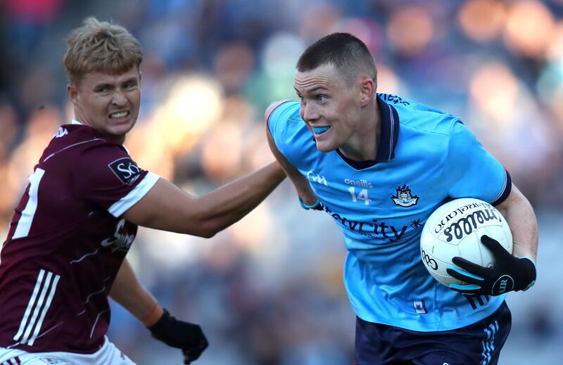 Galway's Cian Hernon tackles Con O’Callaghan of Dublin. Photograph: Leah Scholes/Inpho