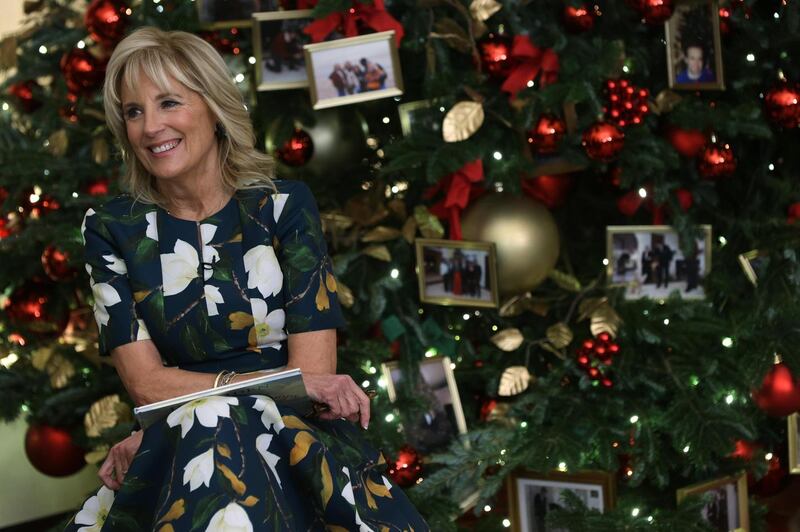 White House Christmas: Jill Biden in the State Dining Room. Photograph: Alex Wong/Getty