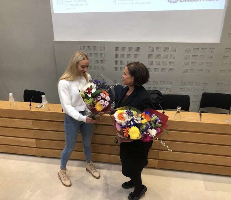 Sinn Féin leader Mary Lou McDonald with IBA lightweight champion Amy Broadhurst