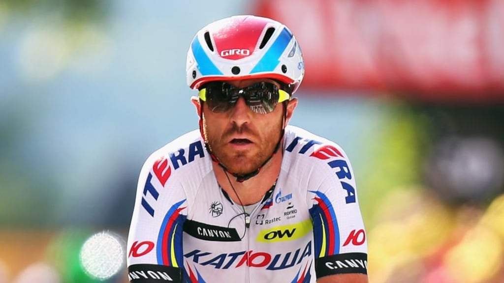 Italian rider Luca Paolini of the Katusha team, pictured here finishing stage three in Huy, has tested positive for cocaine and has been provisionally suspended, ending his Tour de France, cycling’s world governing body has announced. Photograph: Bryn Lennon/Getty Images