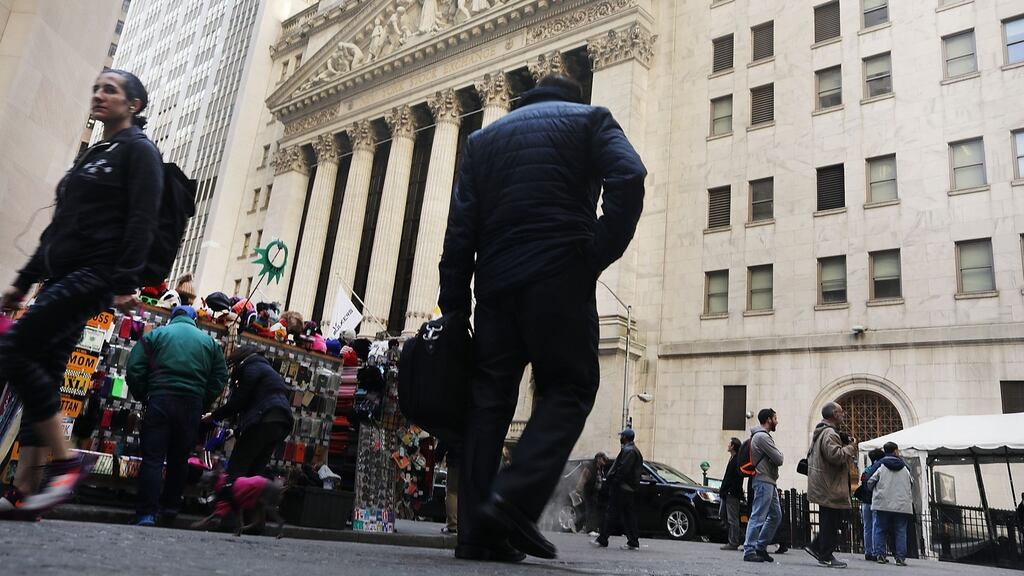 The New York Stock Exchange. US stocks rose in early trading on Thursday as investors snapped up beaten-down bank stocks ahead of a vote on a healthcare bill that is seen as president Donald Trump’s first policy test. Photograph: Spencer Platt/Getty Images