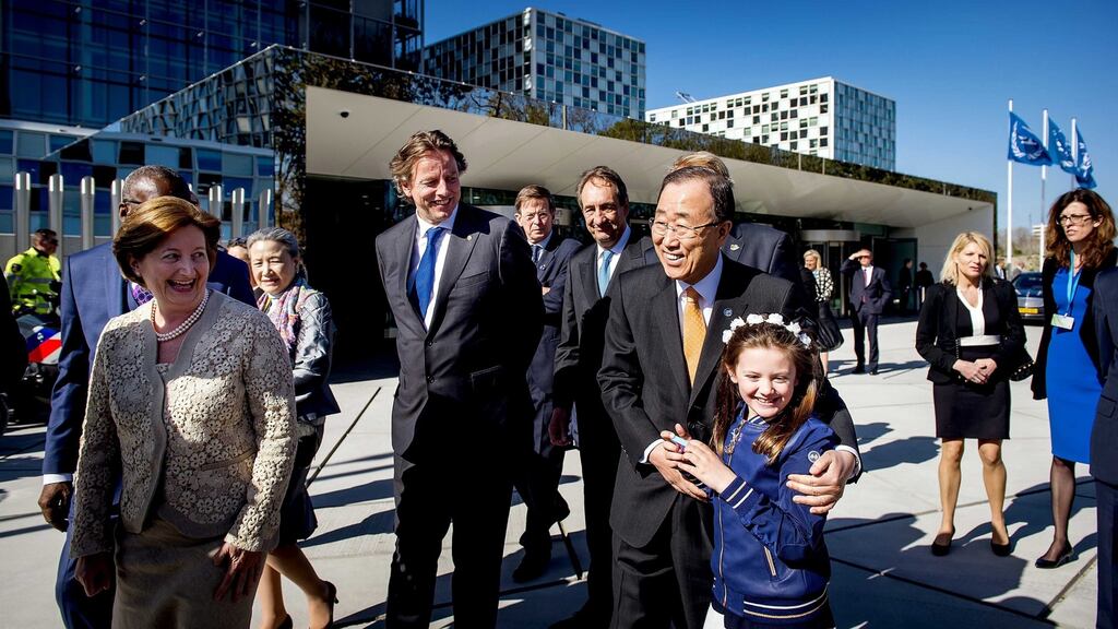 UN secretary general Ban Ki-moon during the opening of the International Criminal Court complex in the Hague, The Netherlands. Photograph: EPA/Koen van Weel