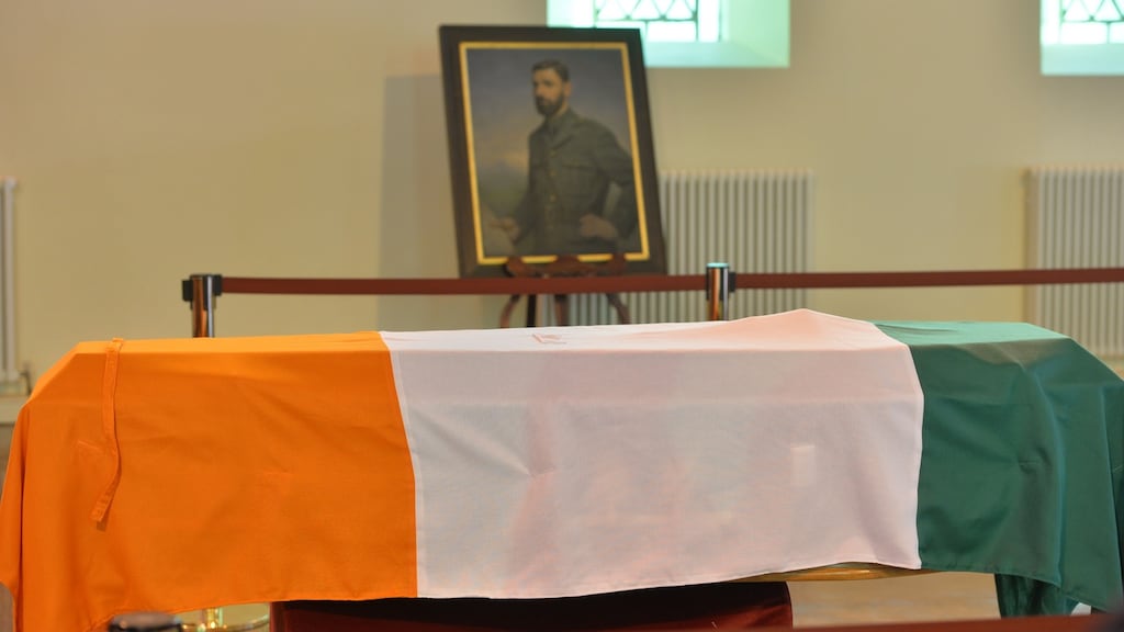 A file image from September 2015 showing the remains of Commandant Thomas Kent lying in state at St. Michael’s Garrison church, Collins Barracks before a State funeral. Thomas Kent was one of the 16 men executed in 1916 following the Easter Rising. Photograph: Alan Betson / The Irish Times