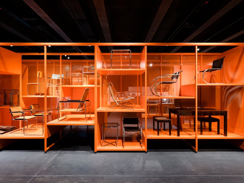 Bauhaus design: A metal orange display featuring Bauhaus chairs in the new Bauhaus Museum Dessau