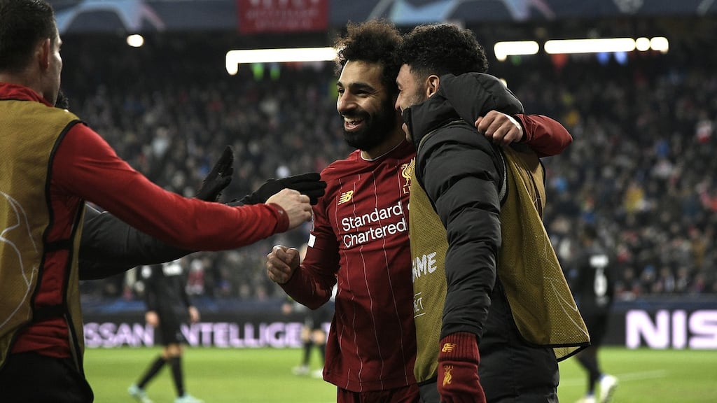 Mohamed Salah of Liverpool celebrates scoring his team’s second goal in Salzburg. Photograph: EPA