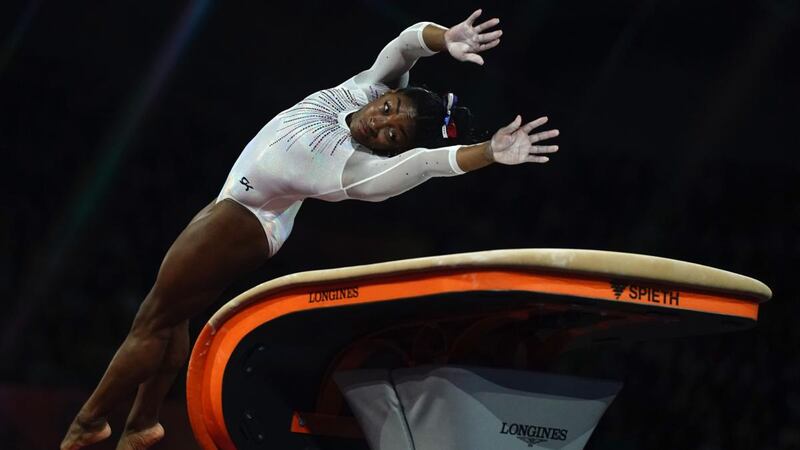 Simone Biles performs on the vault during the women’s all-around final at the FIG Artistic Gymnastics World Championships at the Hanns-Martin-Schleyer-Halle in Stuttgart in October 2019. Photograph: Lionel Bonaventure/AFP via Getty Images