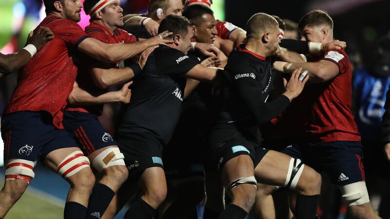 A mass brawl breaks out between the teams. Photo: David Rogers/Getty Images