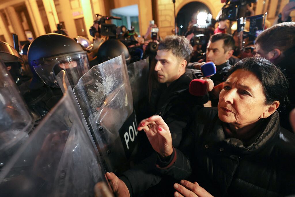 Georgia's president Salome Zurabishvili attends a demonstration in downtown Tbilisi. Photograph: Giorgi Aejevanidze/AFP/Getty Images