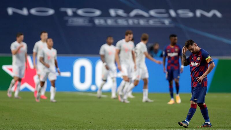 Lionel Messi looks dejected as Bayern Munich run riot. Photo: Manu Fernandez/Pool via Getty Images