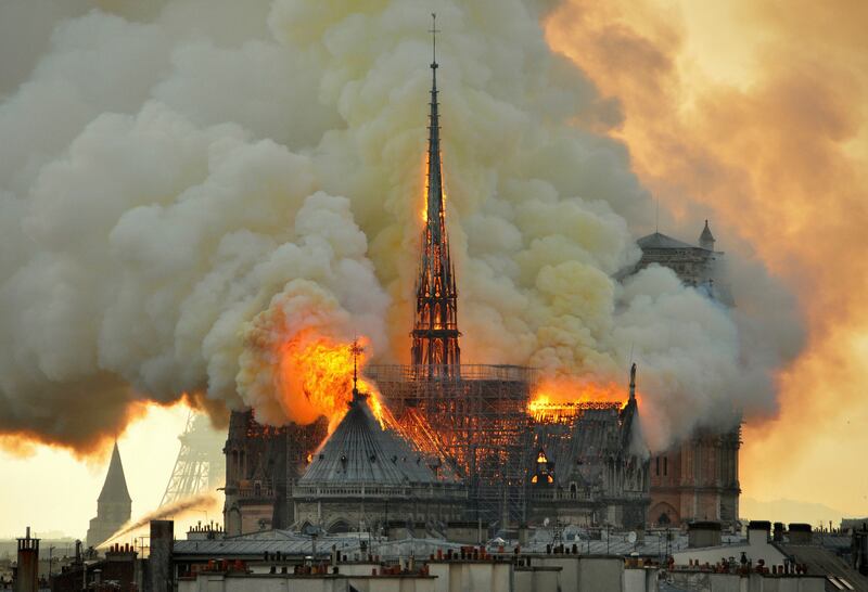 Notre-Dame: the cathedral in flames on April 15th, 2019. Photograph: Thierry Mallet/AP Photo