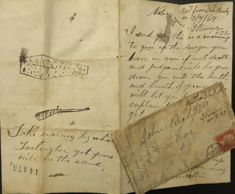 Letter and envelope dated 1869, from ‘Captain Rock’, posted from Athlone and addressed to Peter Rush of Corr in Westmeath, containing a death threat and examples of threatening art. (Courtesy of the National Archives of Ireland)