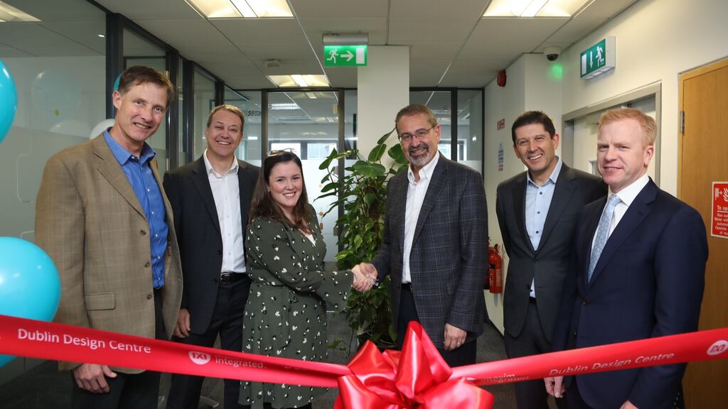 Maxim Integrated CTO David Dwelley; Jason Pearce, head of the company’s new design centre in Dublin; IDA Ireland vice-president of Enterprise Technology Catherine Howard; Maxim chief executive Tunç Doluca; Maxim vice-president of global customer operations John Kirwan; and IDA Ireland head of enterprise technology Donal Travers.