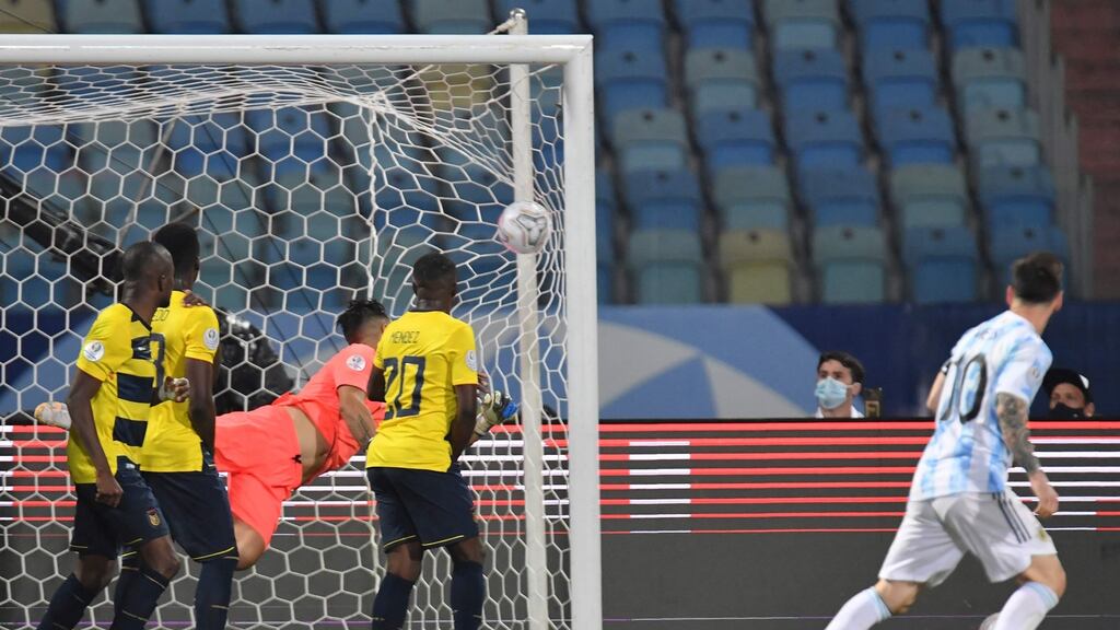 Argentina’s Lionel Messi scores against Ecuador during their Copa América quarter-final. Photo: Douglas Magno/AFP via Getty Images