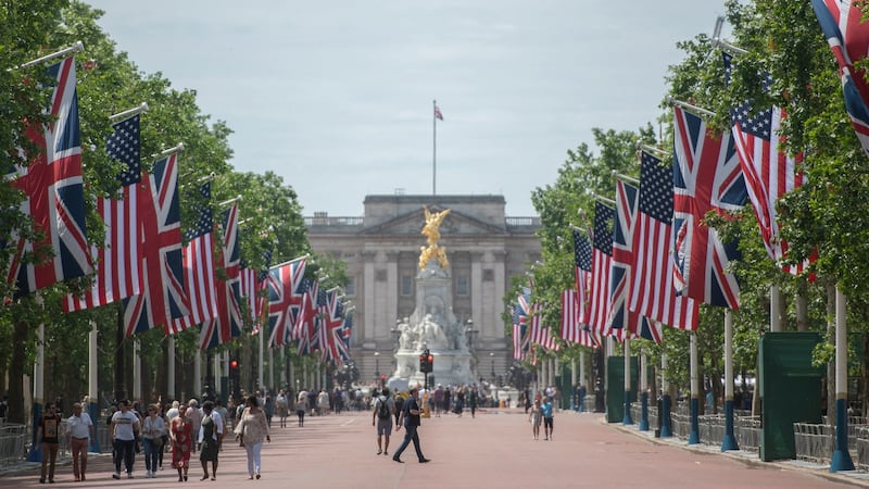 London’s Mall lined with American and Union Jack flags ahead of Donald Trump’s state visit to the UK. Photograph: David Mirzoeff/PA