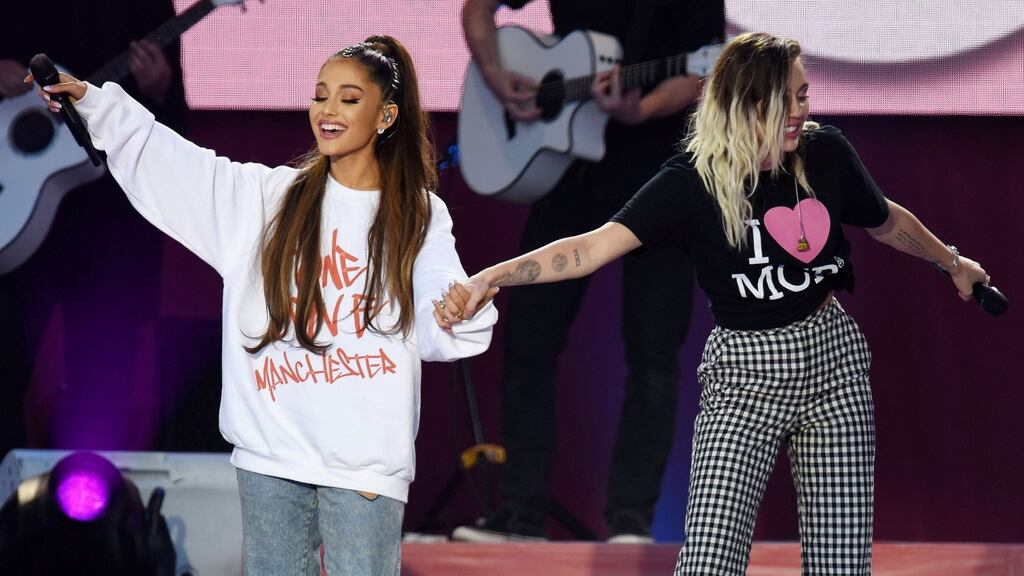 Ariana Grande and Miley Cyrus perform during the One Love Manchester benefit concert for the victims of the Manchester Arena terror attack, at Old Trafford cricket ground on June 4th. Photograph: Dave Hogan/One Love Manchester/via Reuters