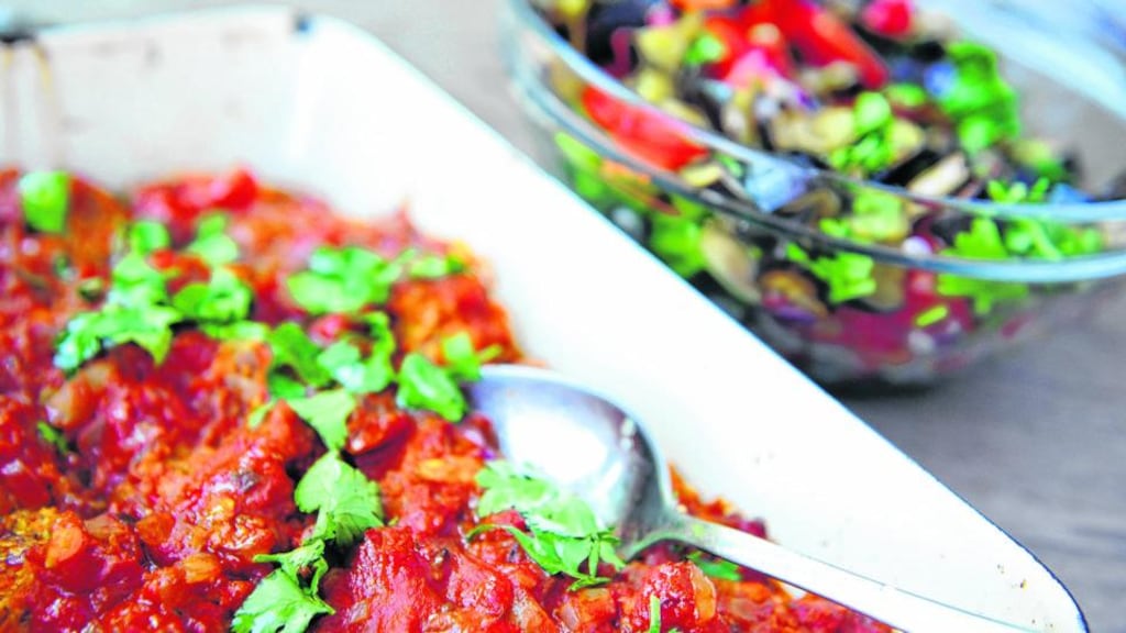 Vegetable Meatballs and Aubergine Salad. Photograph: Aidan Crawley