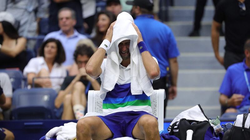 Novak Djokovic sheds tears during the final of the US Open men’s final against Russia’s Daniil Medvedev at Flushing Meadows in New York. Photograph: Kena Betancur/AFP via Getty Images
