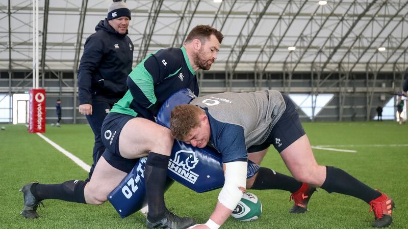 Ireland scrum coach John Fogarty with Cian Healy and Tadhg Furlong training at the National Indoor Arena. Photograph: Dan Sheridan/Inpho
