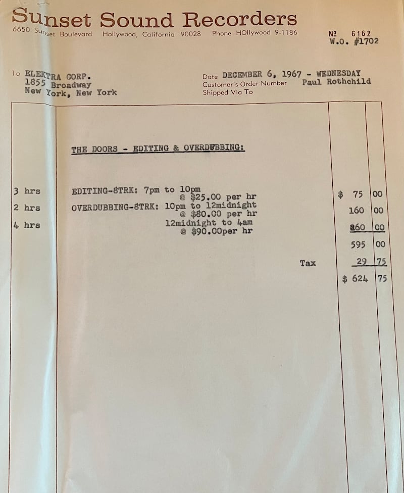 Ian Dowling’s Doors recording invoice