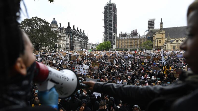 Thousands of people take part in a ‘Black Lives Matter’ protest at Parliament Square in London. Photograph: Andy Rain/EPA
