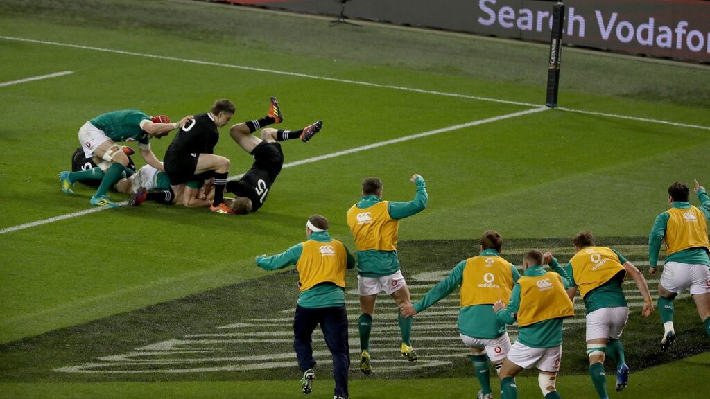 Ireland’s players celebrate Jacob Stockdale scoring his try. Photograph: Bryan Keane/Inpho