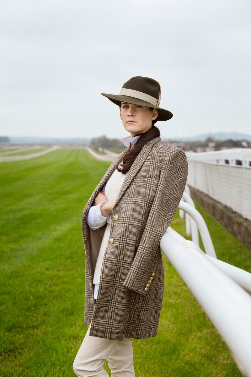 Rachael Blackmore: tweed coat, Holland Cooper, €499; lambswool sweater, €395; longline white shirt, Aquascutum, €100; cream leather trousers, Reiss, €420; tan loafers, Dune, €70; trilby, Holland Cooper, €99