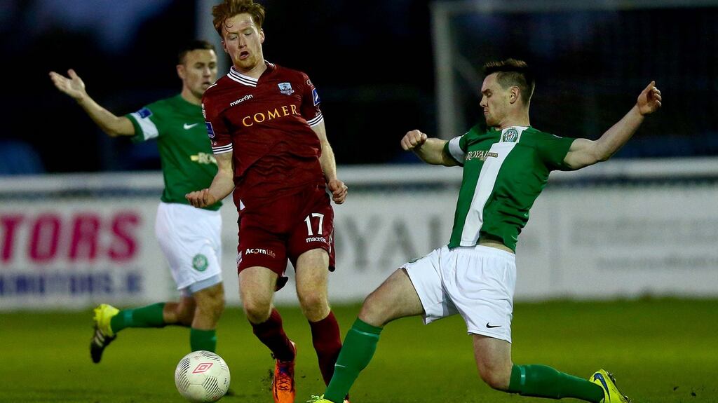 Gary Shanahan (centre) got the crucial goal to bring Galway to the brink of safety Photograph: Donall Farmer/Inpho