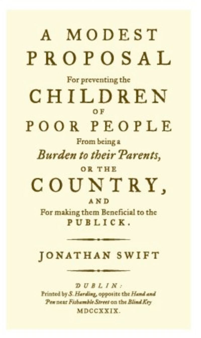 First edition of A Modest Proposal by Jonathan Swift printed by Sarah Harding in Dublin in 1729.