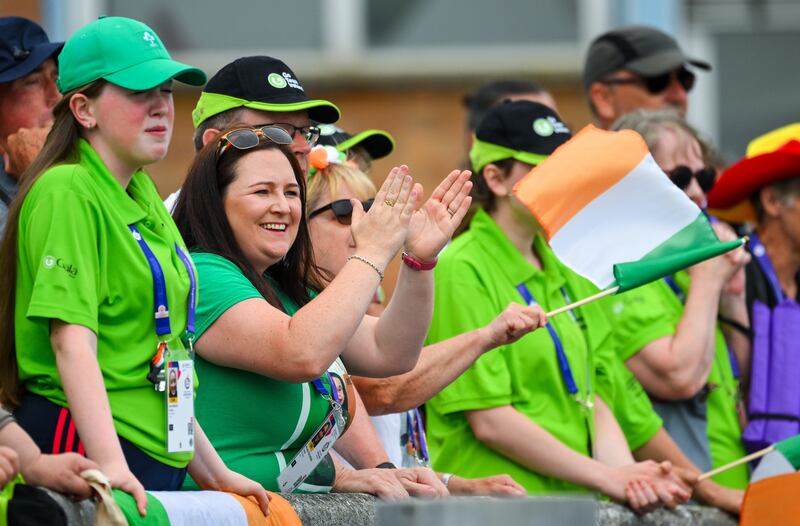 Team Ireland supporters, including Michelle O'Callaghan (second from left), during the kayaking finals at the Special Olympics World Games in Berlin. Photograph: Ray McManus/Sportsfile