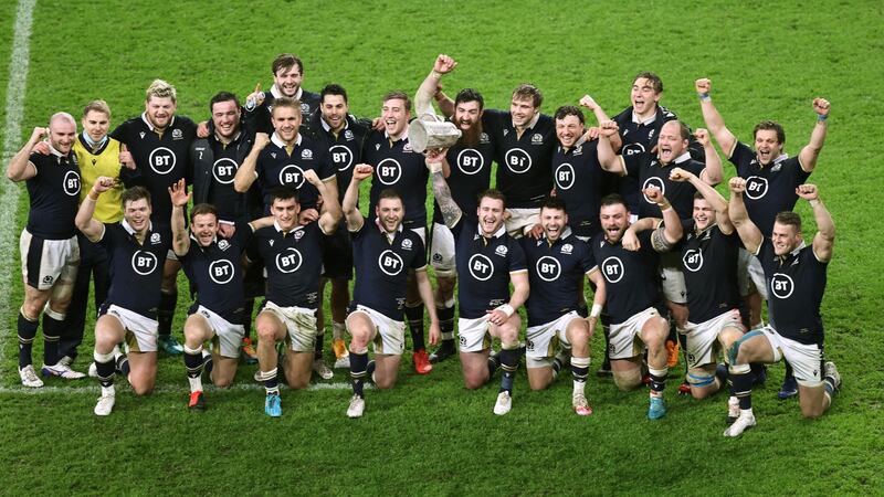 Scotland captain Stuart Hogg and his team celebrate with the Calcutta Cup after the victory over England on the opening weekend of the Six Nations and the 150th anniversary of the rivalry. Photograph: Tommy Dickson/Inpho