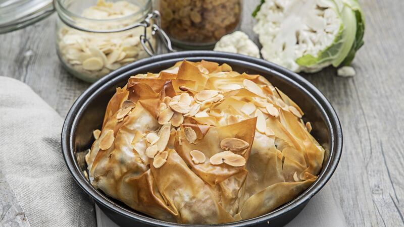 Cauliflower korma, filo, raisin and almond pie. Photograph: Harry Weir Photography