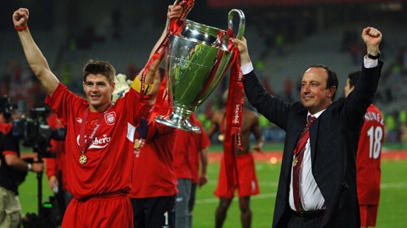 Liverpool captain Steven Gerrard and manager Rafael Benitez lift the Champions League trophy in 2005. Photograph: Etsuo Hara/Getty Images