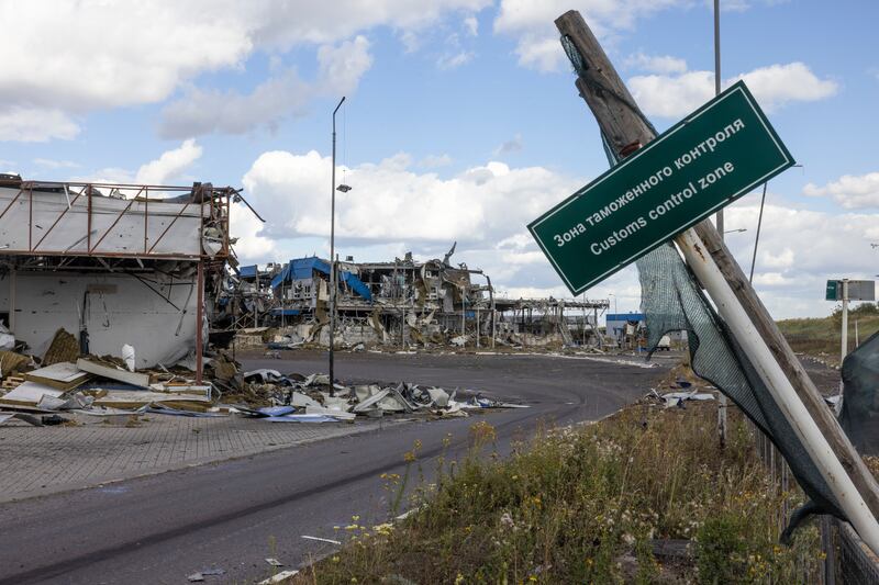 A sign outside the destroyed Russian border post at the Sudzha border crossing with Ukraine. Photograph: David Guttenfelder/New York Times