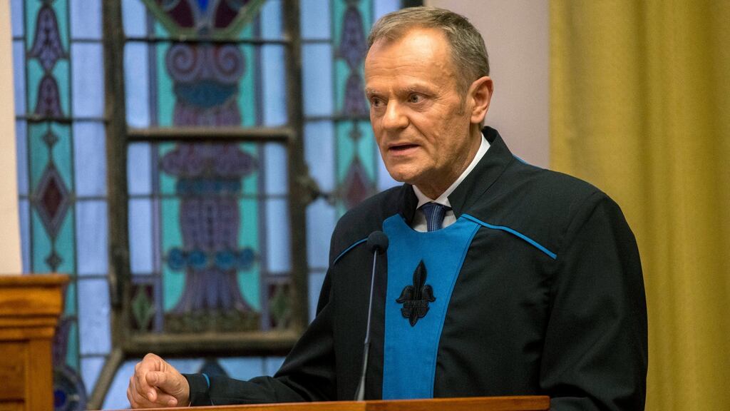 European Council president Donald Tusk delivers an acceptance speech after he was awarded an honorary doctorate at the University of Pecs in  Hungary. Photograph: Tamas Soki