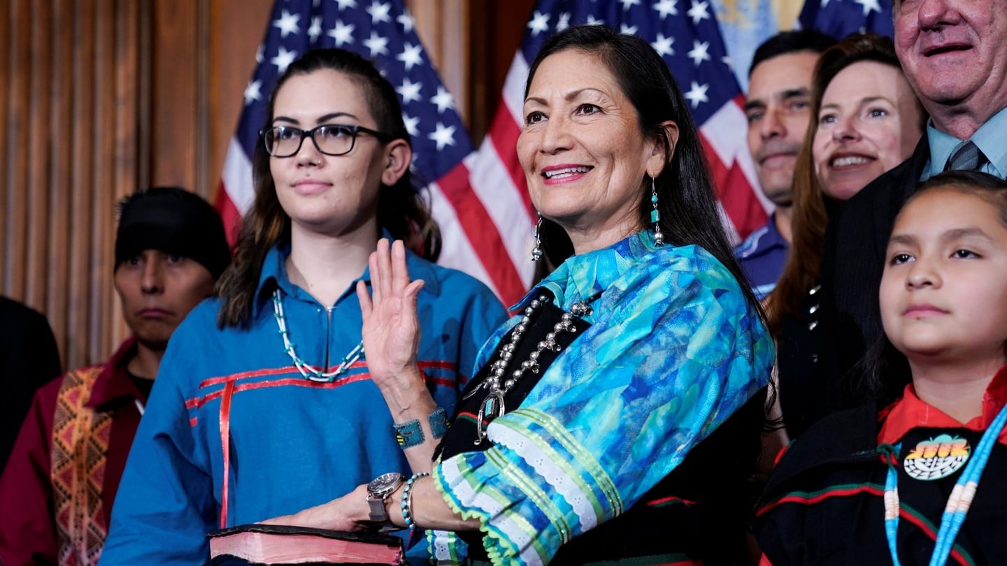 New Mexico Democrat Deb Haaland is sworn in as a member of the US House of Representatives on Thursday. Photograph: Joshua Roberts/Reuters