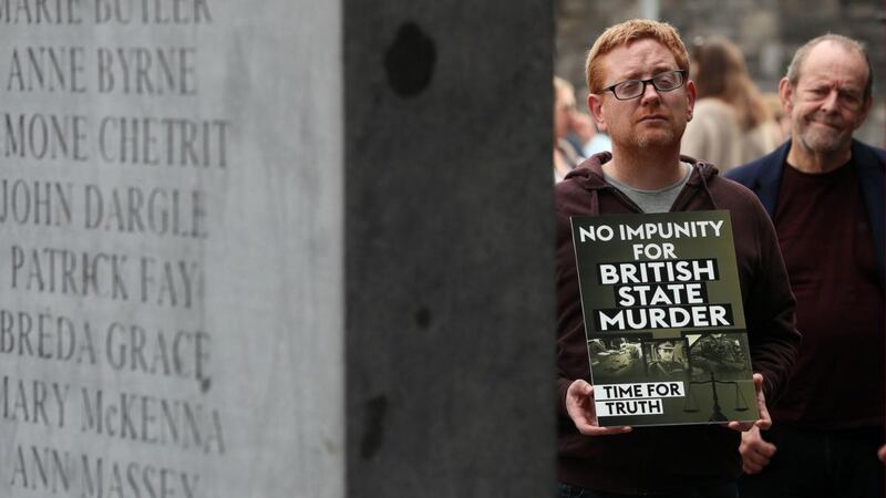 People attend a Time for Truth day of action at the memorial for the victims of the Dublin and Monaghan bombings on Talbot street, Dublin. Photograph: Brian Lawless/PA Wire